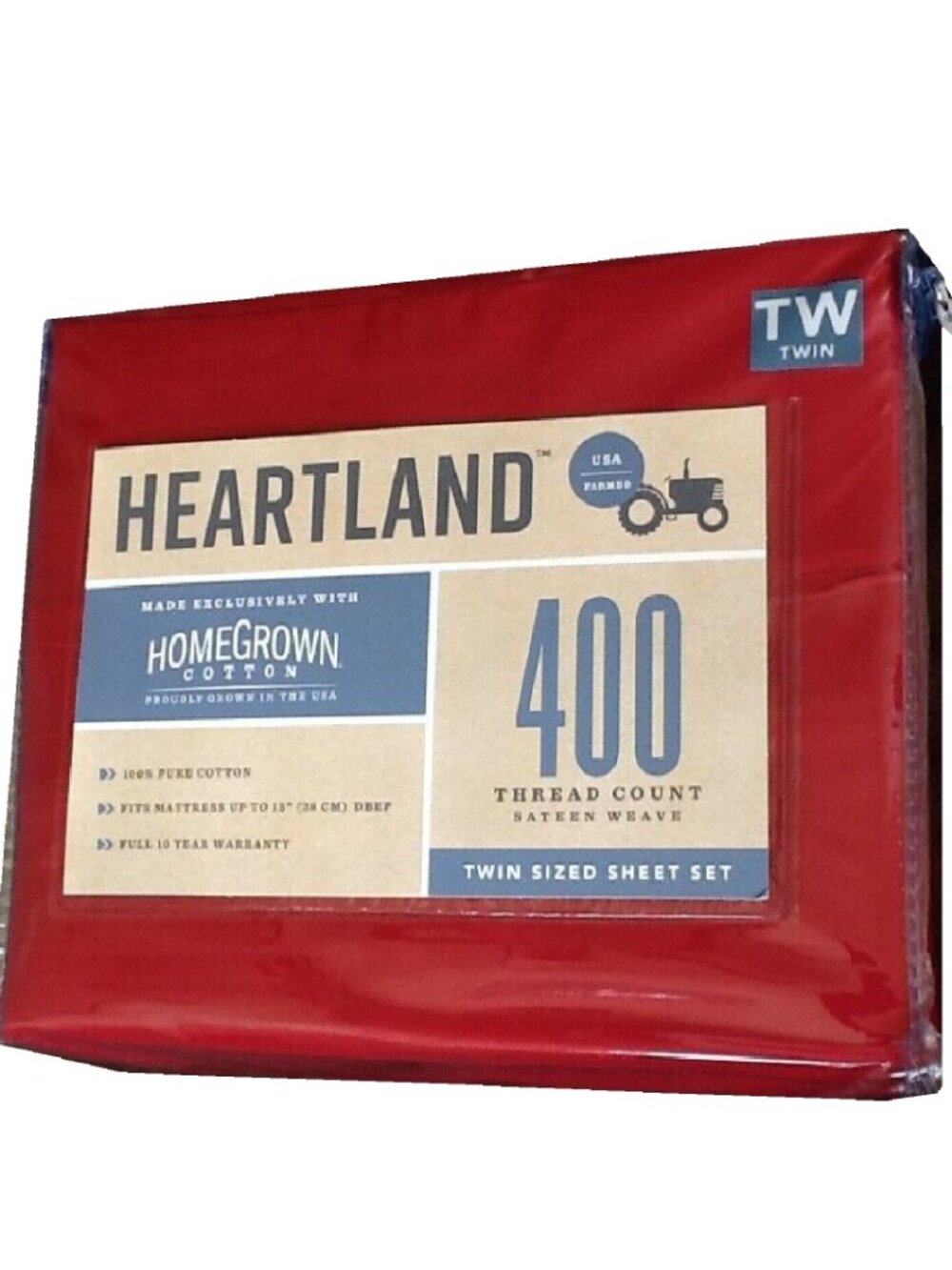 new SOLID RED Heartland 400 Thread Count 100% Cotton Sateen Weave TWIN Sheet Set